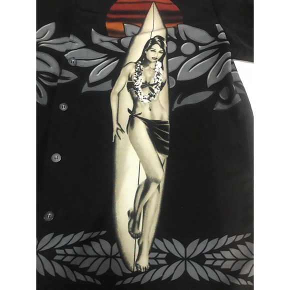 Hawaiiian Style Button Up Black Shirt Men XL Surf Board Flowers Hawaii - Picture 2 of 5